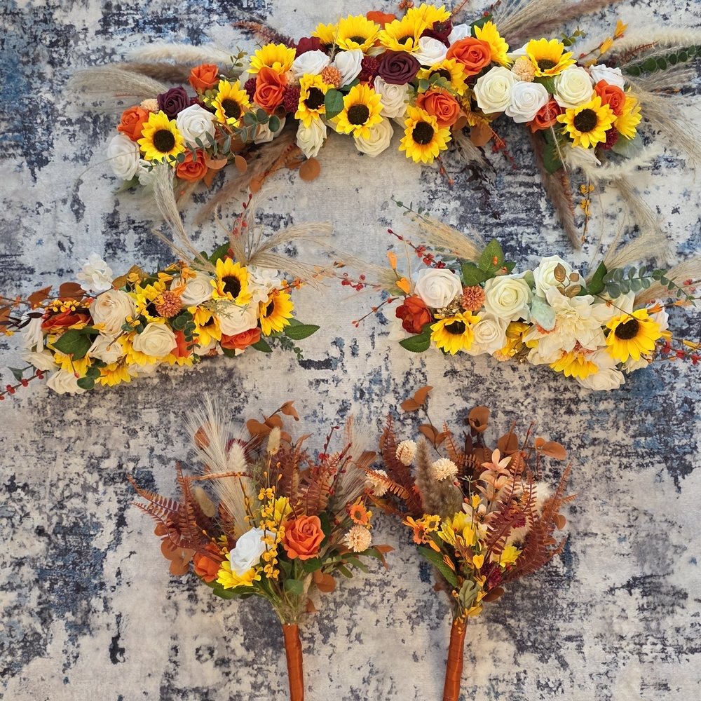 Autumn Sunflower & Rose Faux Floral Arrangement - Yellow, Orange, White